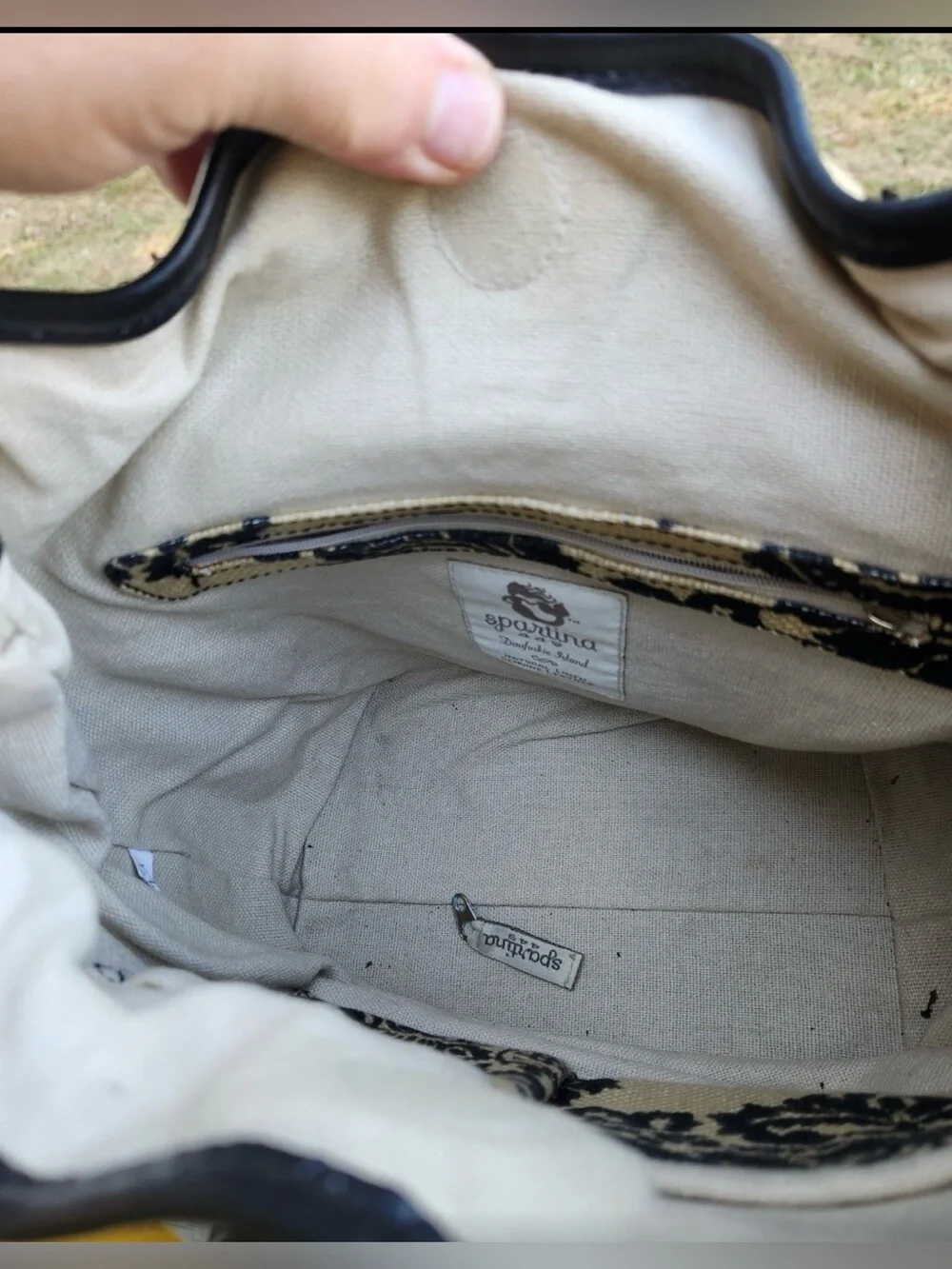 Spartina 449 linen/leather mini backpack black/natural cream damask pattern